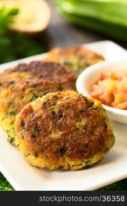 Zucchini, couscous and parsley fritters with tomato and onion dip on the side, photographed with natural light (Selective Focus, Focus in the middle of the first fritter)