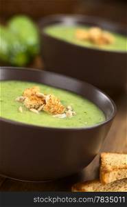 Zucchini cream soup with wholewheat croutons and roasted sunflower seeds served in brown bowl with toastbread on the side (Selective Focus, Focus on the front of the croutons)