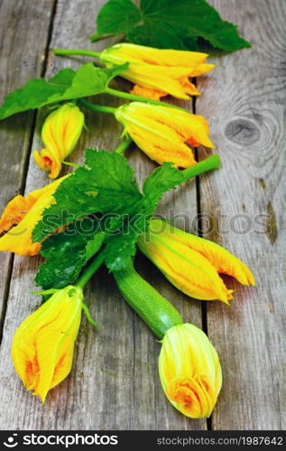 Zucchini Flowers on a Wooden Background Studio Photo. Zucchini Flowers on a Wooden Background