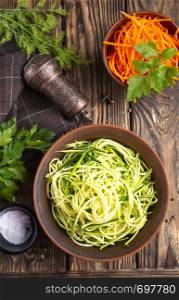 Zucchini noodles on in bowl. Vegetable noodles - green zoodles