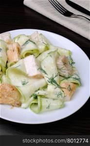 Zucchini salad with slices of chicken breast in milk sauce and dill