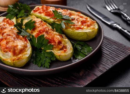 Zucchini stuffed with meat, vegetables and cheese. Zucchini boats. Loaded zucchini. Baked stuffed zucchini boats with minced chicken mushrooms and vegetables with cheese