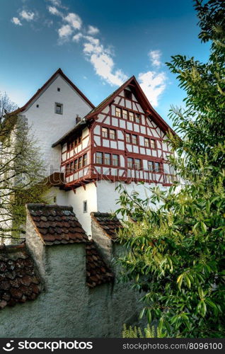 Zug, ZG / Switzerland - 20 April, 2019  view of the historic fortress Burg Zug  in the Swiss city of Zug on a beautiful spring evening