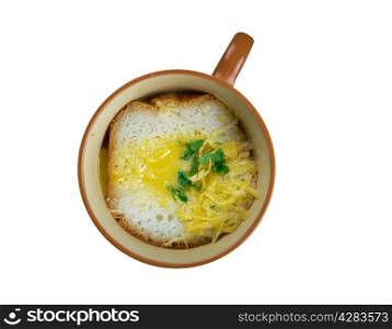 Zuppa pavese - Pavia soup, Italian soup consisting of broth into which fried slices of bread and poached eggs