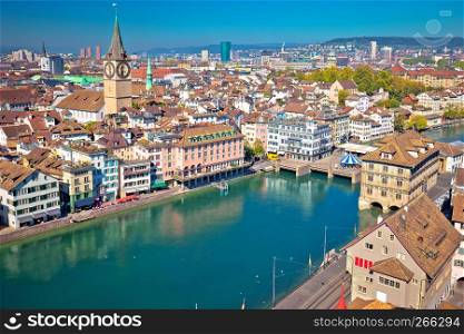 Zurich and Limmat river waterfront aerial view, largest city in Switzerland