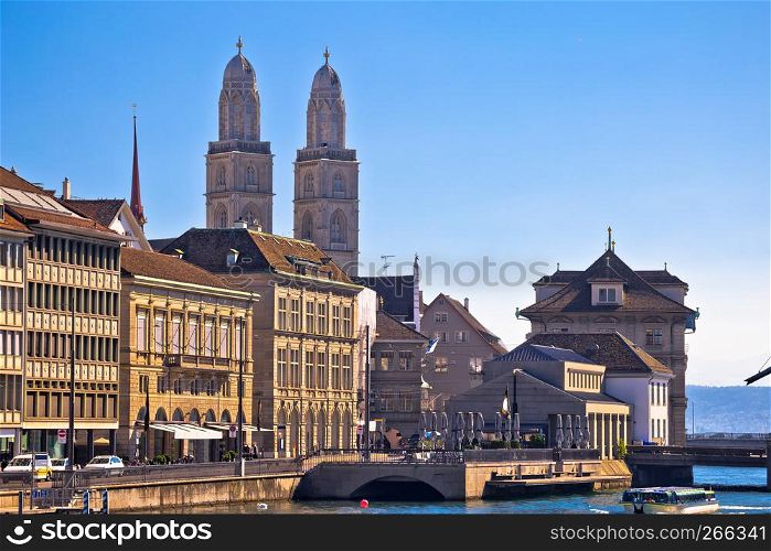 Zurich and Limmat river waterfront architecture view, largest city in Switzerland