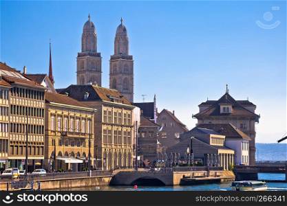 Zurich and Limmat river waterfront architecture view, largest city in Switzerland