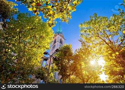 Zurich church tower view through tree with sun haze, largest city in Switzerland