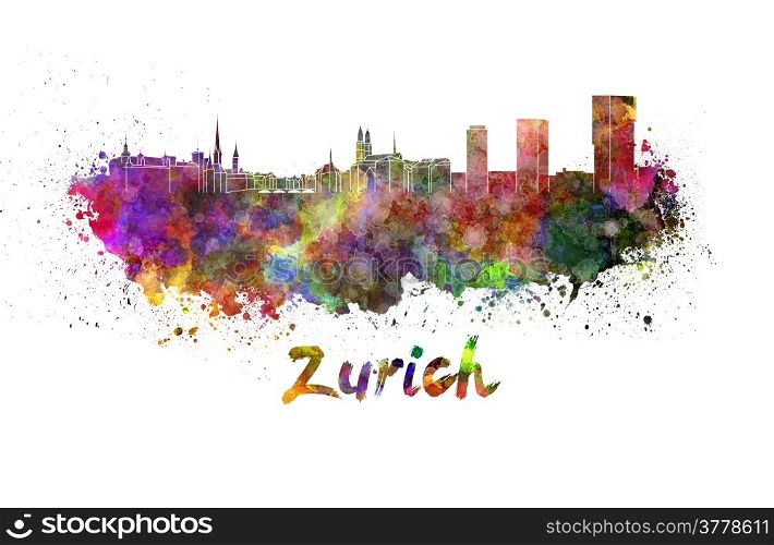 Zurich skyline in watercolor splatters with clipping path. Zurich skyline in watercolor