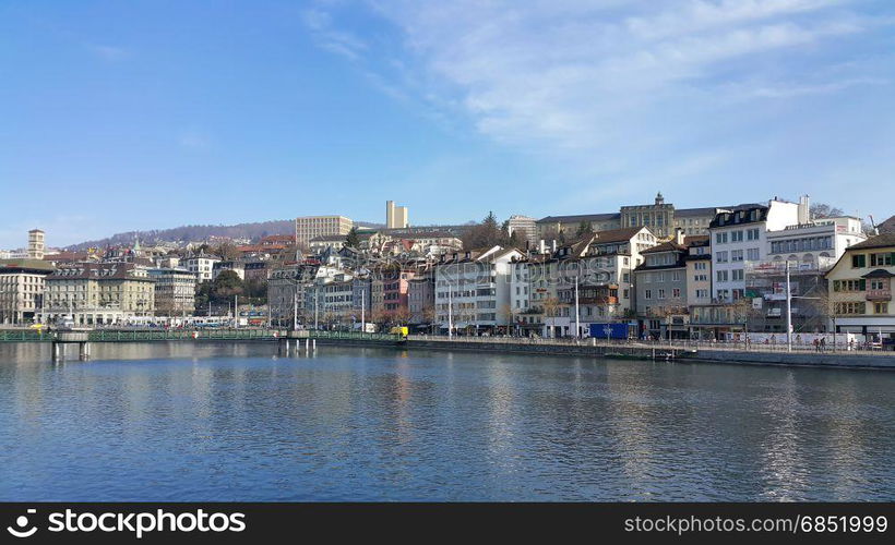 Zurich, Switzerland - 16 March, 2015: Views over Zurich along the Limmat river