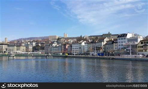 Zurich, Switzerland - 16 March, 2015: Views over Zurich along the Limmat river