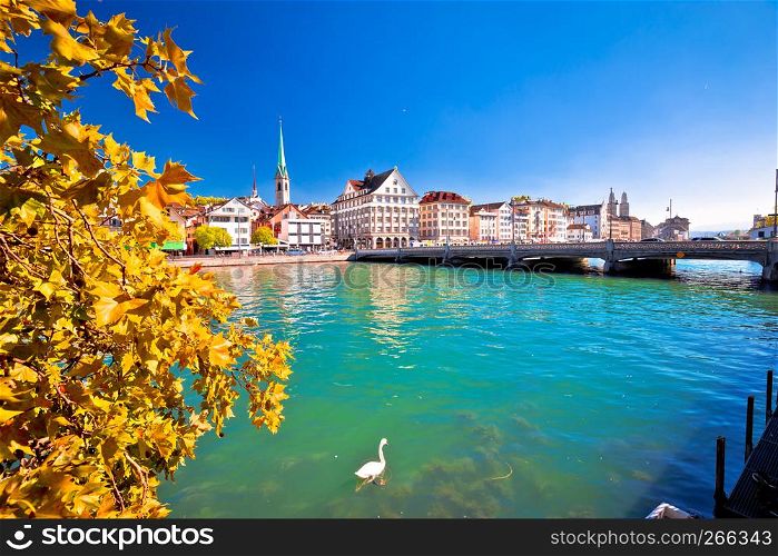 Zurich waterfront landmarks autumn colorful view, largest city in Switzerland