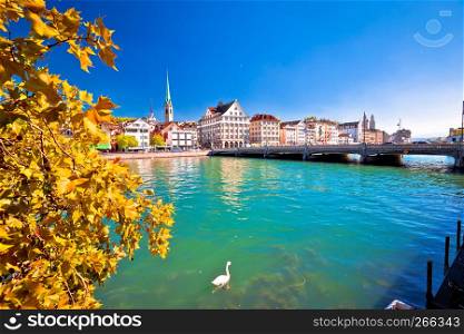 Zurich waterfront landmarks autumn colorful view, largest city in Switzerland